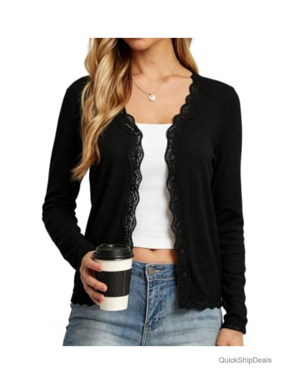 Lightweight Lace Cardigan V Neck Button Down Cropped Sweater for Women